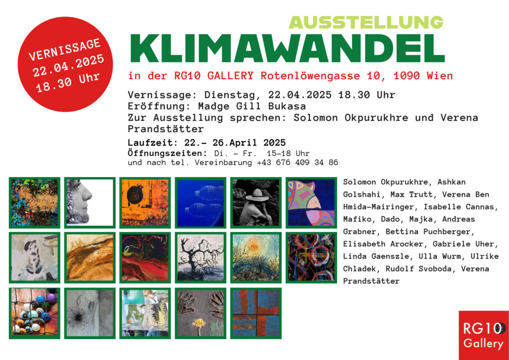Einladung zur Ausstellung Klimawandel mit großer grüner Überschrift Klimawandel, Text zur Ausstellung (genauer aufgeführt im Artikel) und Werke der Künstler:innen in einem 6 mal 3 Raster aus kleinen Quadraten.